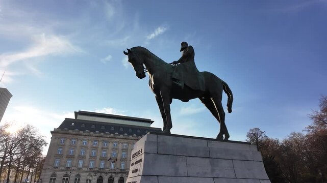 Slow motion view of the equestrian statue of Leopold II in Brussels.
