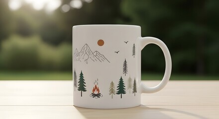 Camping mug on wooden table with mountain campfire and nature design for outdoor adventures