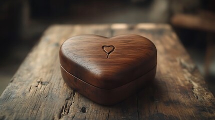 Wooden Heart Box on Table.