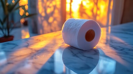 White Toilet Paper Roll on Marble in Golden Light.