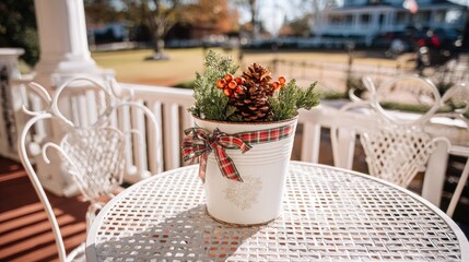 stylish christmas front porch decor with pine cones, berries, and plaid ribbon in a white vintage bucket on the table