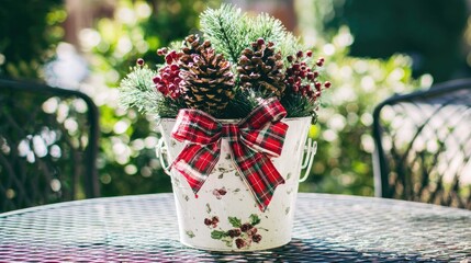 stylish christmas front porch decor with pine cones, berries, and plaid ribbon in a white vintage bucket on the table