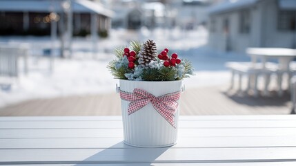 stylish christmas front porch decor with pine cones, berries, and plaid ribbon in a white vintage bucket on the table