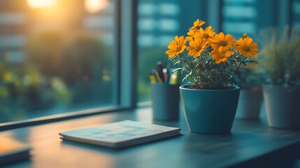 Yellow Flowers on Desk with Office Window View.