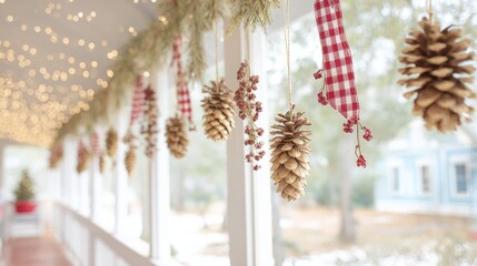 stylish christmas front porch decor with pine cones, berries