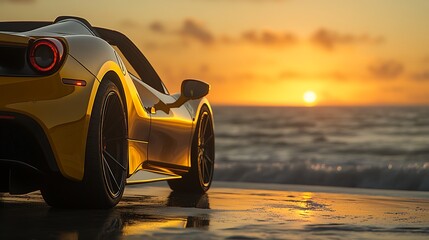 Yellow Sports Car Beach Sunset Luxury Travel.