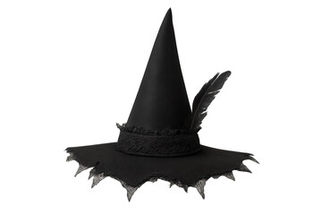 Fototapeta premium Black witch hat with feather and frayed brim for halloween costume, sorcery, and magic themes