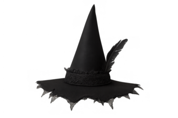 Black witch hat with feather and frayed brim for halloween costume, sorcery, and magic themes