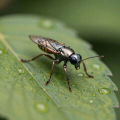 Fototapeta premium A microscopic robot insect is depicted on a leaf, showcasing advanced nanotechnology