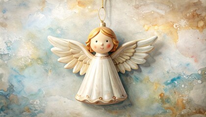 Charming Angel Ornament with Feathered Wings Hanging Against Soft Watercolor Sky Background