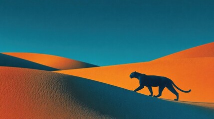A black panther walking on the dunes of a desert