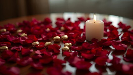 Valentine's Day romance: candlelight, red roses, and luxury chocolates.