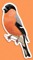 Sticker an orange and black bullfinch on an orange background
