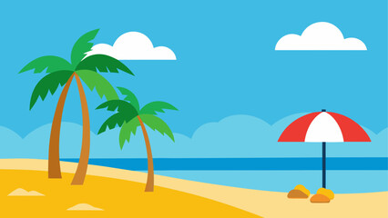 Obraz premium Tropical beach scene with palm trees and umbrella