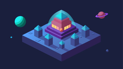 Isometric platform with pyramid and planets in space © Djujjol