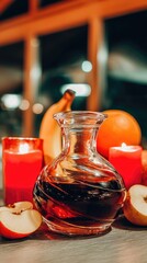 a bottle of dark amber-colored balsamic vinegar, in the style of a balm, with some sliced fruit and a banana nearby, on the table 