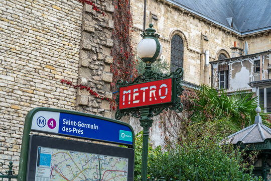 Paris, France - October 29, 2025: Passage public Metro Saint Germain des Pres station red sign in Paris France.