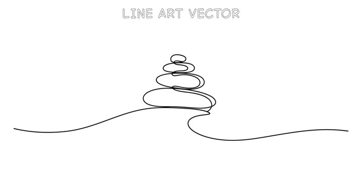 Continuous line art drawing of stacked zen stones or pebbles. Minimalist concept of balance, harmony, and meditation on a white background. Vector illustration
