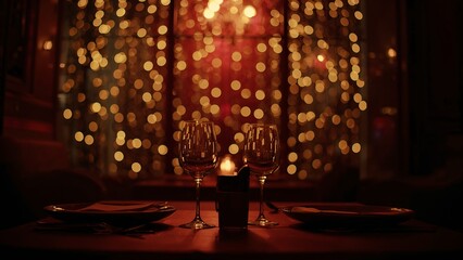 Luxury romantic dinner table for two with warm golden bokeh lights.
