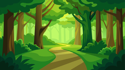 Obraz premium A path through a cartoon forest with green foliage