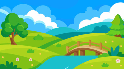 Obraz premium Cartoon landscape with bridge and rolling green hills