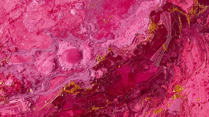 Vibrant Abstract Art Texture: Thick Pink Magenta Paint with Gold Flakes.
