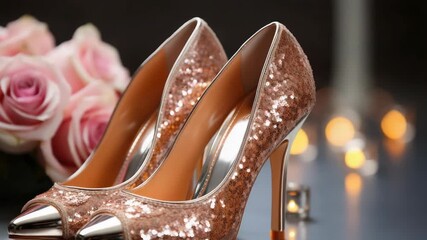 Elegant high heels with sequins and metallic tips displayed with roses in a softly lit setting for a stylish look