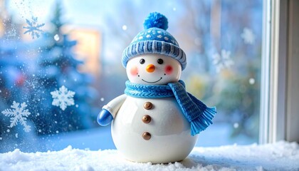 Fototapeta premium Cute snowman wearing a hat and scarf outside a window with snow falling