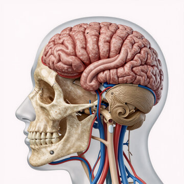 Illustration of human head revealing brain and skeleton for medical research