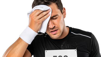 Exhausted male runner wiping sweat from forehead with a towel for marathon training blogs Transparent Background, Cutout