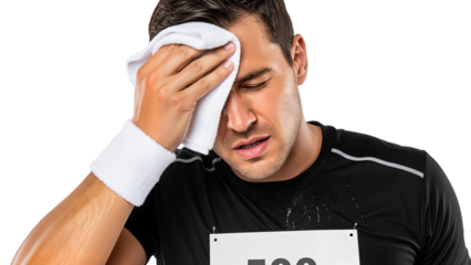 Exhausted male runner wiping sweat from forehead with a towel for marathon training blogs Transparent Background, Cutout