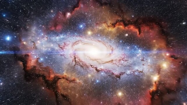 Dramatic zoom into a vibrant spiral galaxy with swirling nebulae and starfields, creating a breathtaking cosmic journey through deep space.