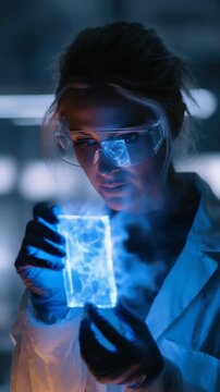 Scientist examines glowing sample in modern laboratory during late evening hours for research and experimentation