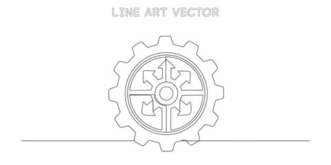 Continuous line drawing of a gear with multiple arrows pointing outwards from the center. Representing business strategy, decisionmaking, process flow, and complex solutions. Vector illustration