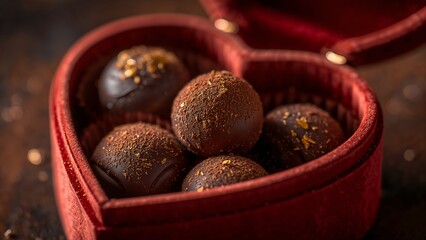 Indulgent gourmet chocolate truffles sprinkled with gold in a romantic red gift box.