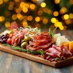 Festive Christmas Charcuterie Board with Meat, Cheese, and Fruits on Wooden Platter Indoors