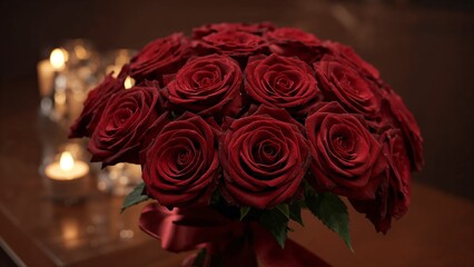 Luxury Deep Red Roses Bouquet and Romantic Candlelight Bokeh for Valentines.