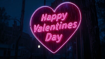 Happy Valentines Day neon sign glowing pink heart on rainy city night.