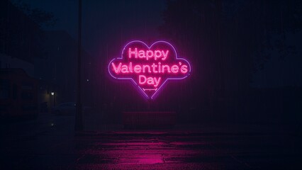 Futuristic Valentine's Day Neon Sign on Rainy Night Street Background.
