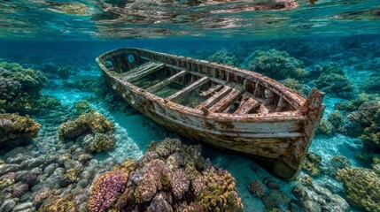 Rusting abandoned ship on tropical reef underwater