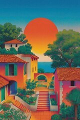 Beautiful coastal landscape with architecture and a radiant sunset.