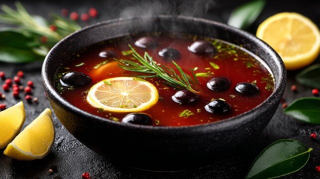 Rich solyanka soup with meat olives and lemon