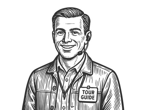 smiling male tour guide wearing a headset and name tag, dressed in professional attire sketch engraving generative ai fictional character vector illustration. Scratch board. Black and white image.