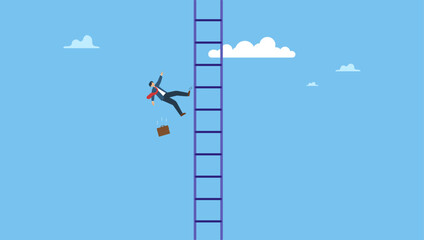 Aspiration businessman falling from high ladder or stair cases. Business failure, aim too high and accident fall from ladder of success, career or job position demote or investor losing money.