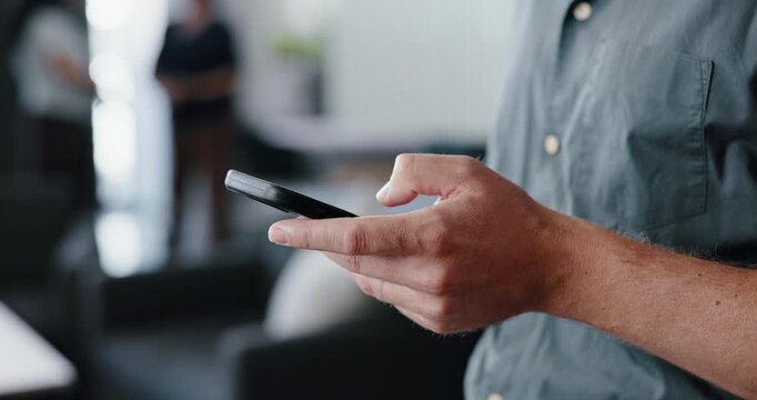 Hands, phone and message with business person in office for alert, communication or notification. App, contact or update with employee typing on technology for internet search, management or text