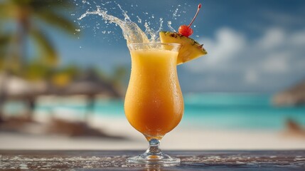 Pouring tropical cocktail into glass detail