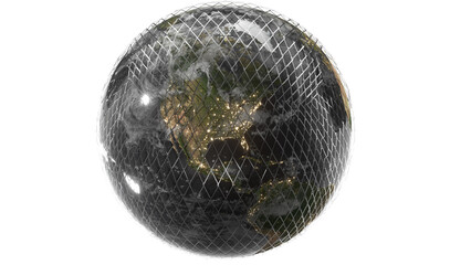 Global security crisis, Earth trapped inside damaged wire mesh cage - Political and environmental concept created by 3D modeling.