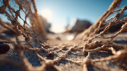 Drying fishing net on tropical beach shore