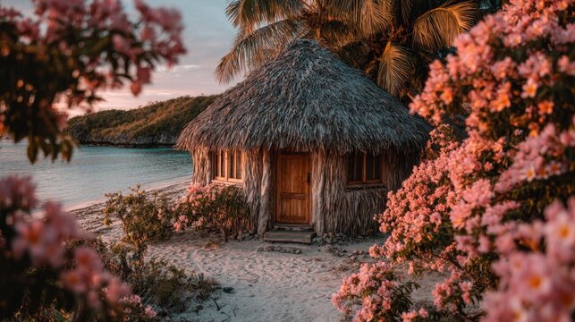 Traditional Fijian bure hut on tropical beach