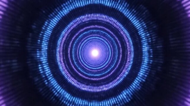 Hypnotic tunnel animation with concentric rings of glowing blue and purple dots pulsing towards a bright central light, creating a deep digital vortex effect.